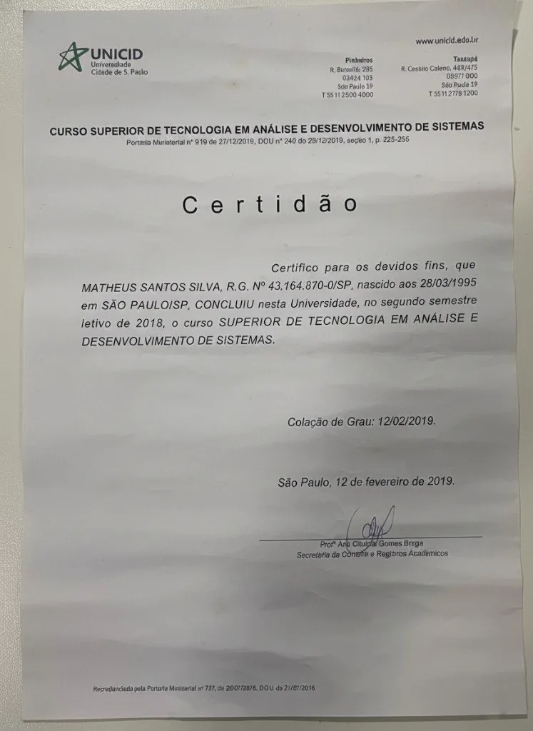 Certificado de Tecnólogo em Análise e Desenvolvimento de Sistemas — UNICID